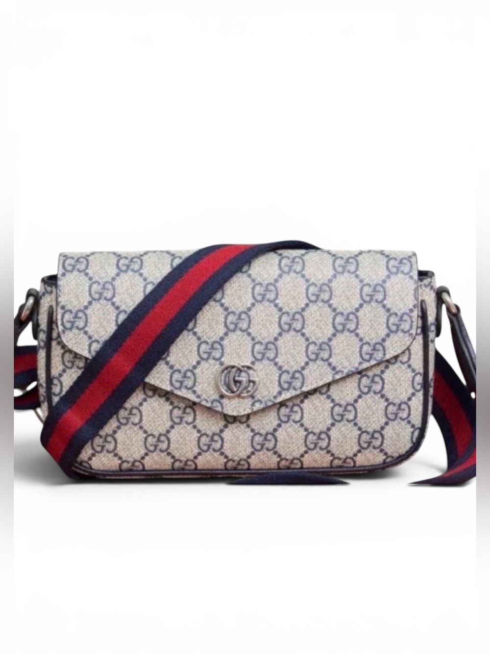 🔥Gucci Beige GG Supreme Crossbody with Navy and Red Web Strap with COA🔥